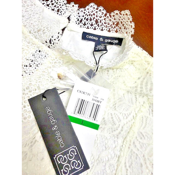 Cable & Gauge Women Lace Blouse Top Large Ruffle Mock Neck Ivory Soft Lining NEW - Picture 7 of 13